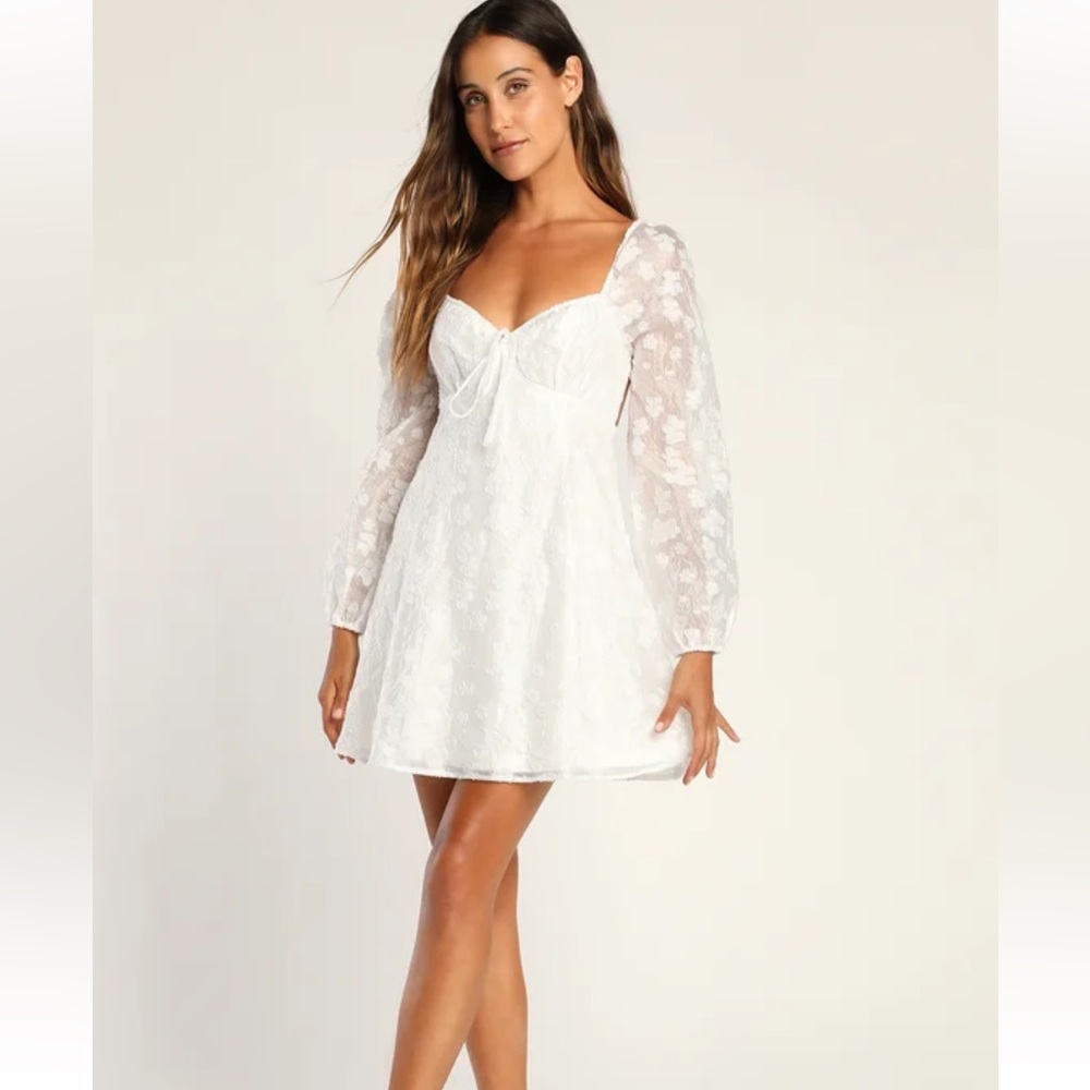 Angel Looks White Burnout Floral Jacquard Mini Babydoll Dress